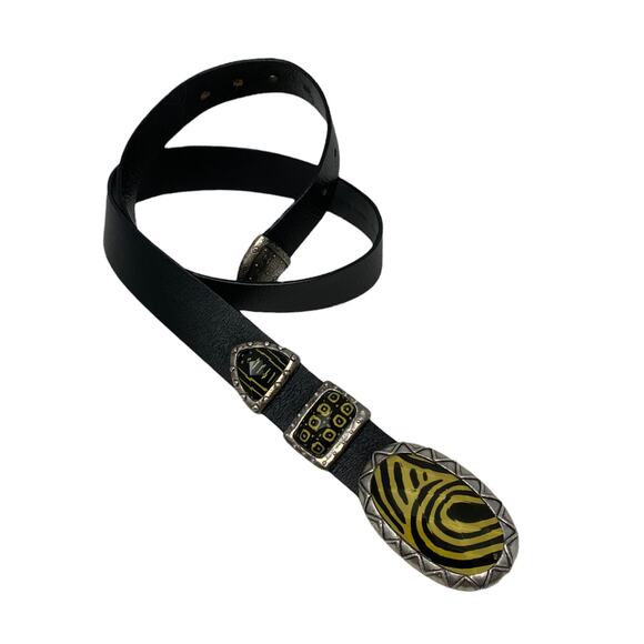 Chico's black leather belt metal tribal buckle size medium - Picture 3 of 8